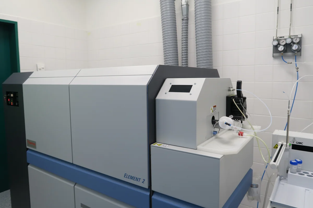 Argon plasma torch burning inside an inductively coupled plasma mass spectrometer