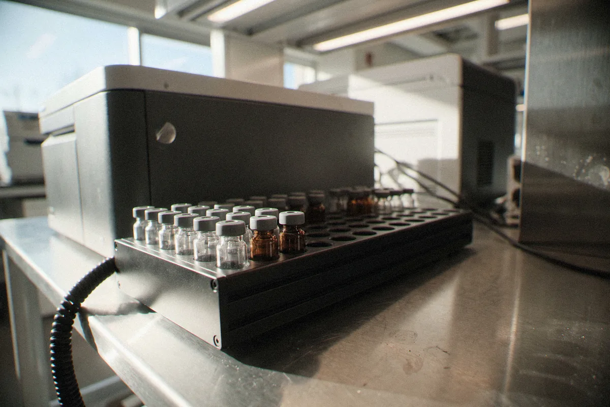 Autosampler tray holding rows of chromatography vials